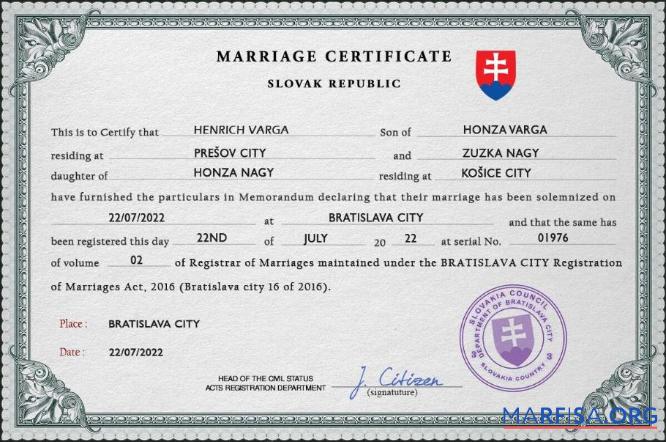 Blank Slovakia marriage certificate PSD template